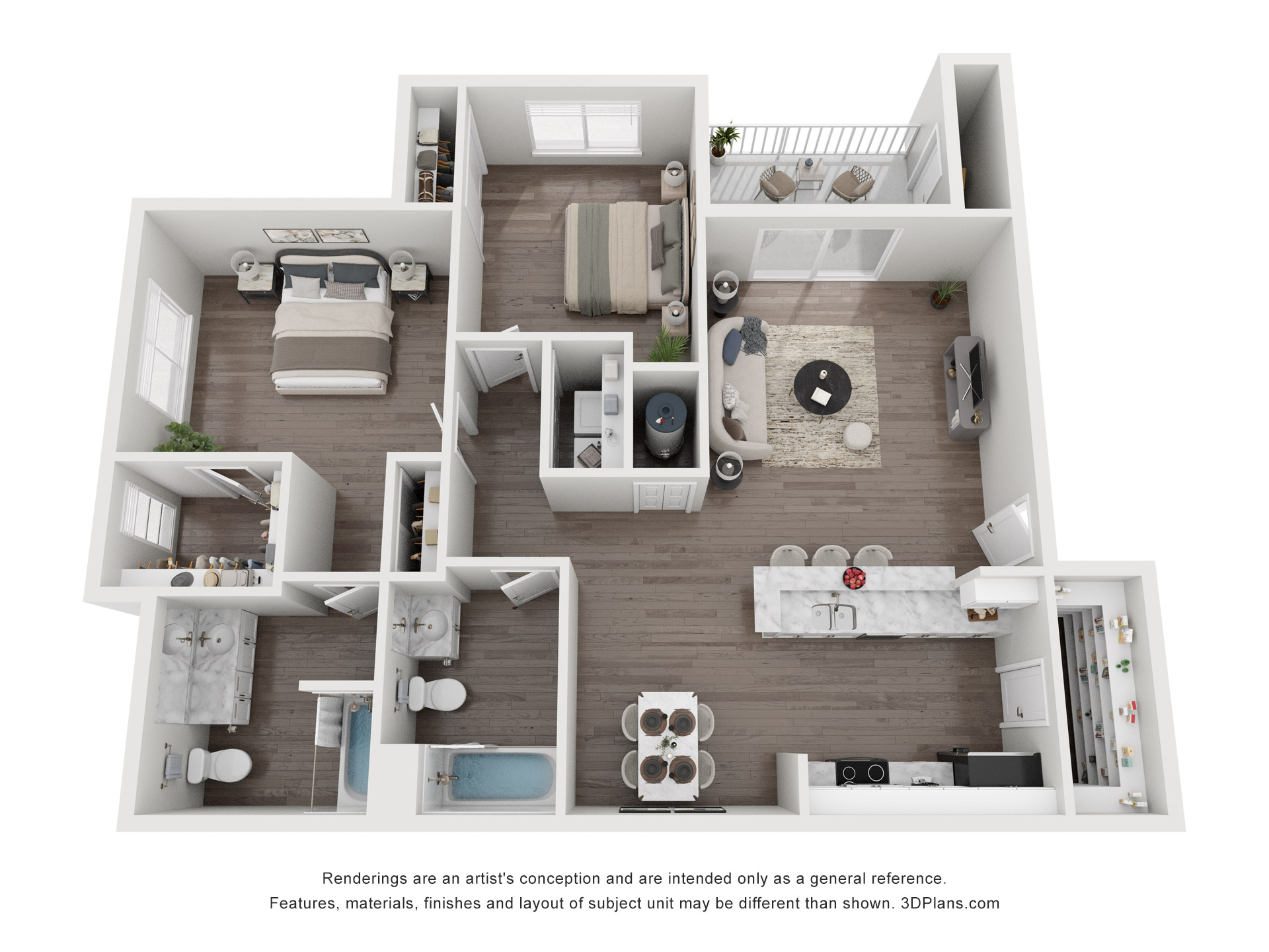 Floor plan for 2 beds, 2 baths, 1030 sqft